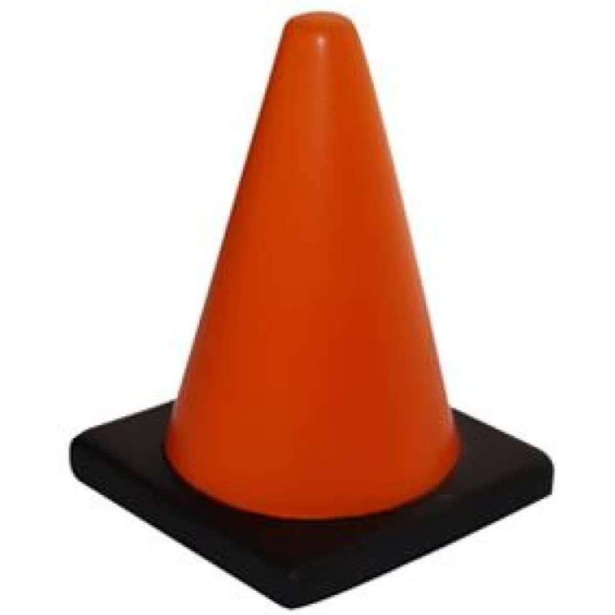 An orange stress traffic cone on a black base, featuring a logo or branding.