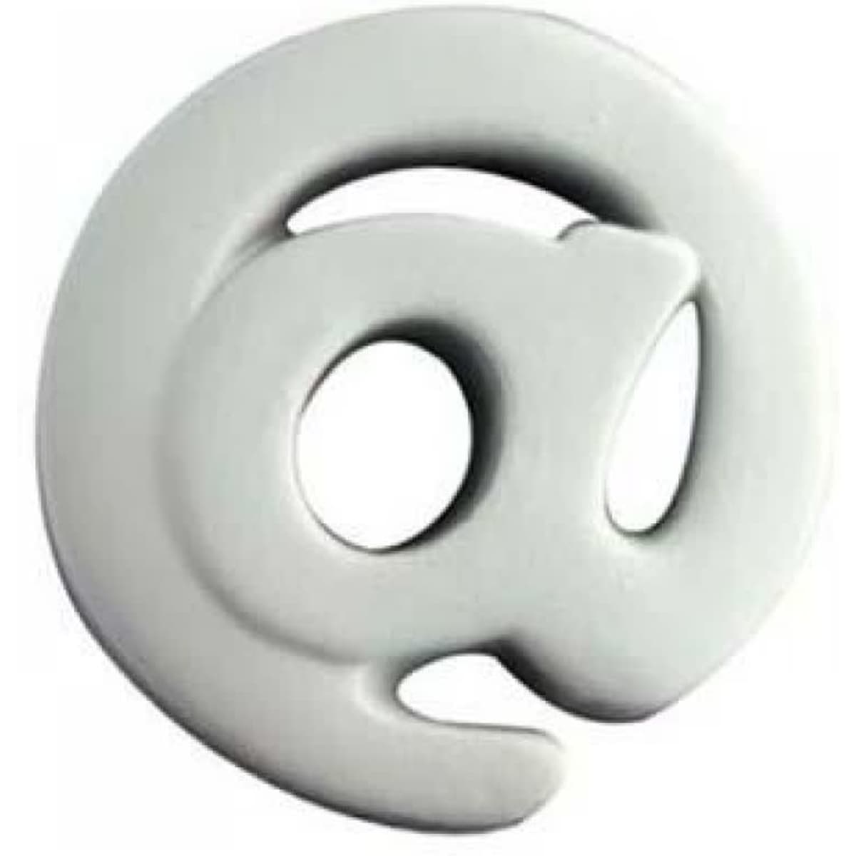 A grey stress shape featuring a stylised '@' symbol, designed for squeezing and stress relief.