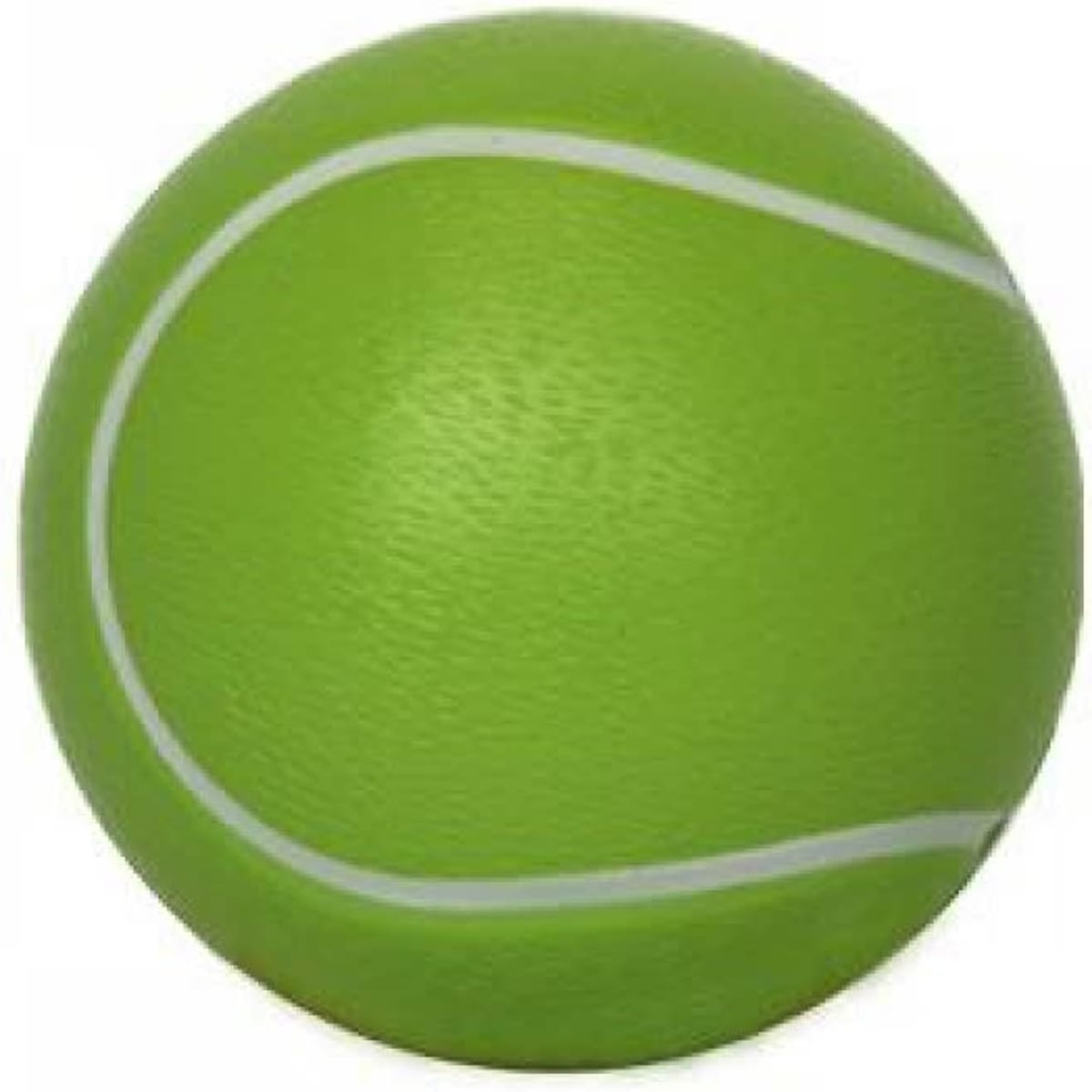 A green stress tennis ball with a textured surface and a white line design. The ball has a branding logo.