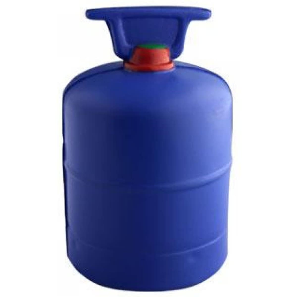 A blue drink bottle with a red and green cap, featuring a handle on top and a simple design. It has a logo.