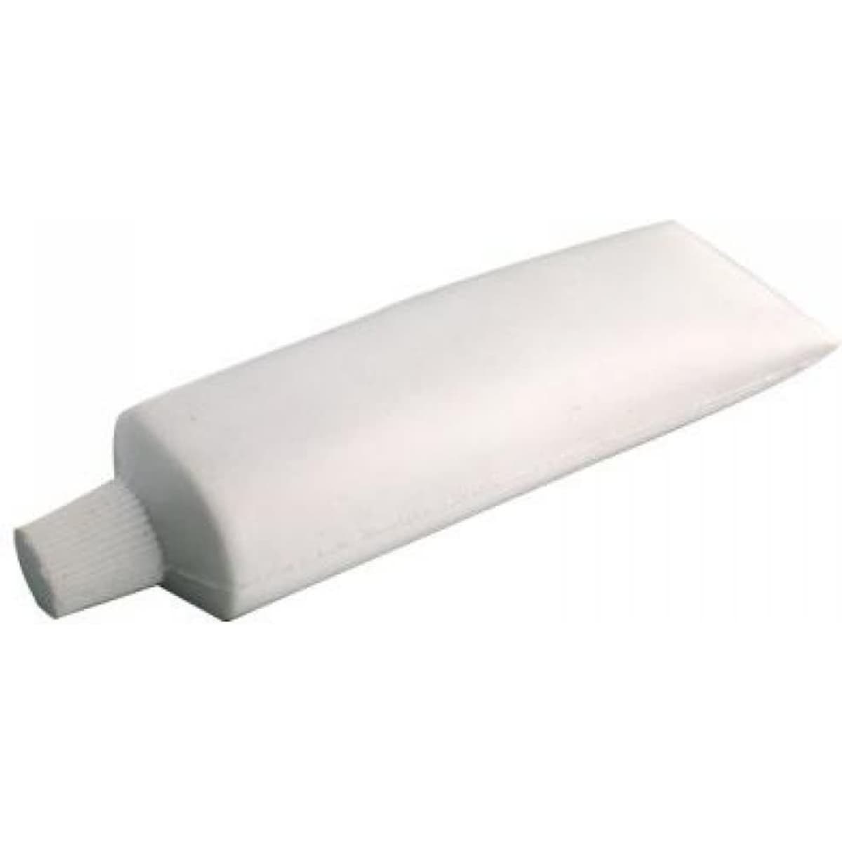 A tube of white toothpaste with a flat design and a small nozzle cap. It includes a logo.