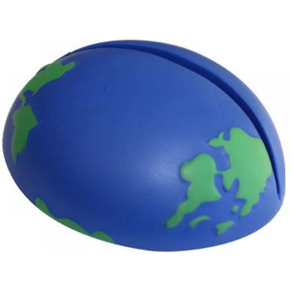 A blue and green Earth-shaped paper holder with a slit on top and a branded logo on one side.