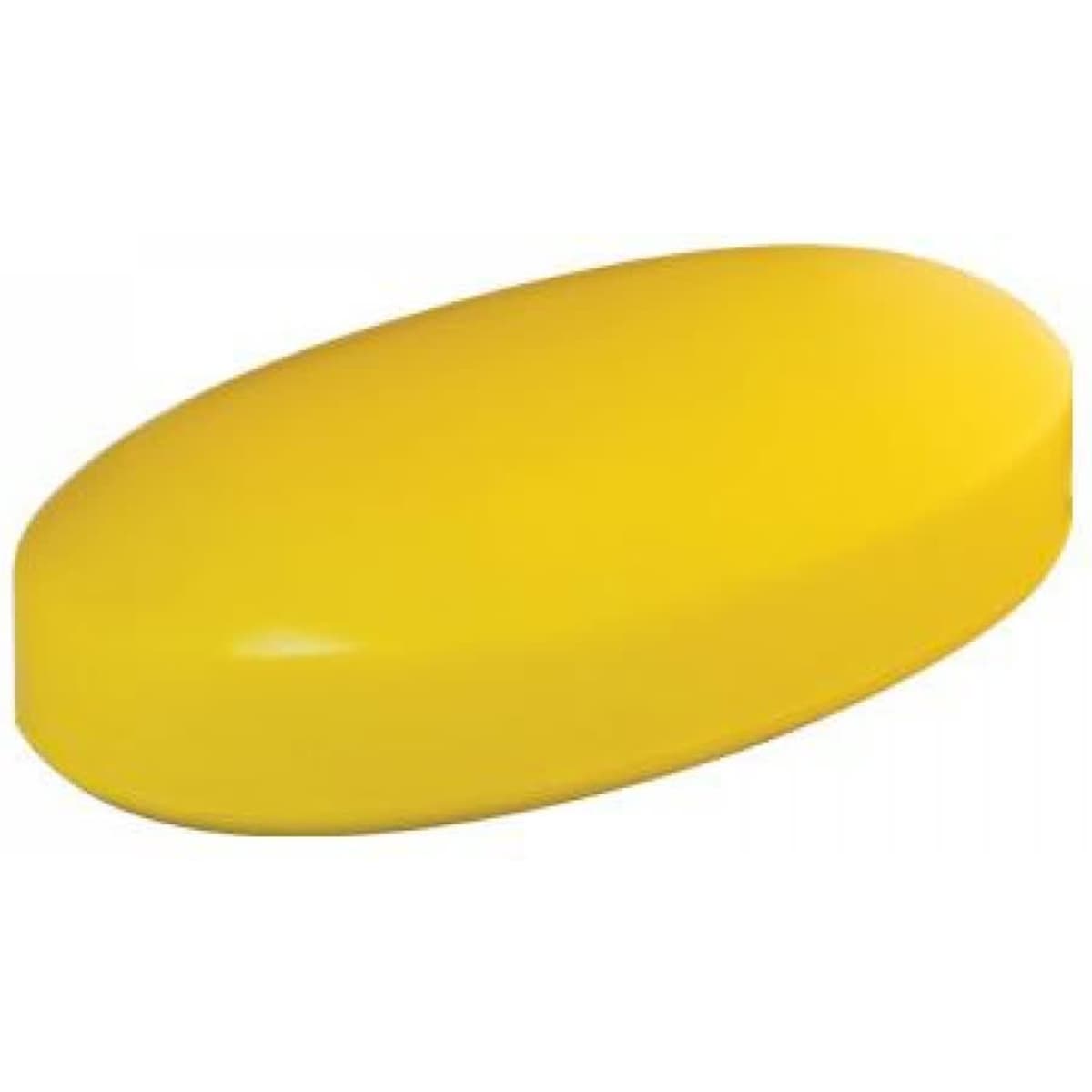 A yellow oval-shaped product with a smooth surface, featuring a simplistic design. It has a logo on one side.