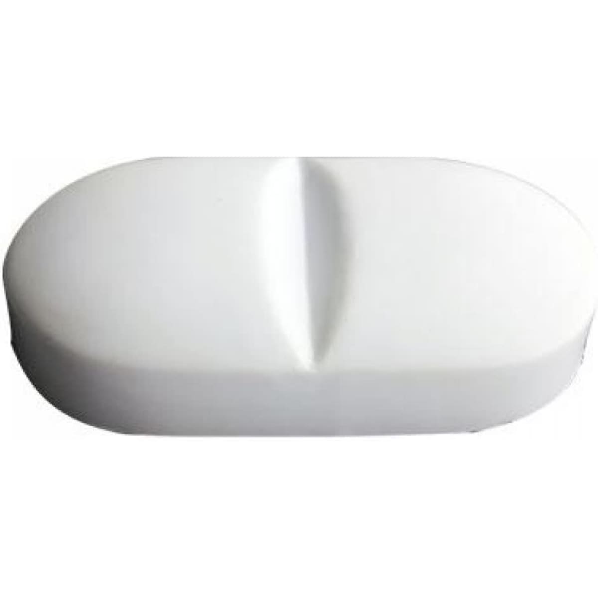 A white oval tablet with a slight indentation in the centre, featuring a smooth surface.