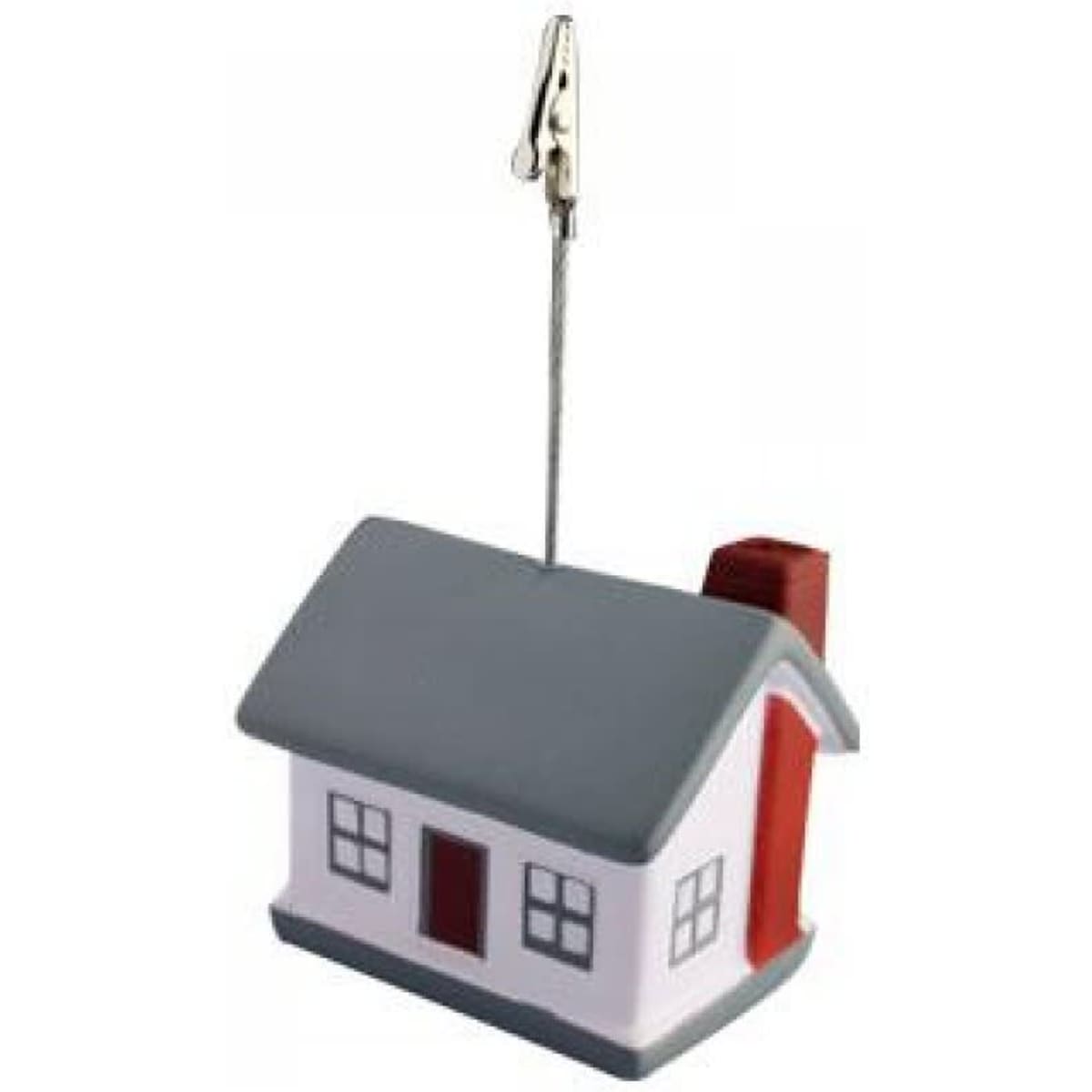 A house-shaped note holder in red, white, and grey, featuring a clip and a metal wire for holding notes.