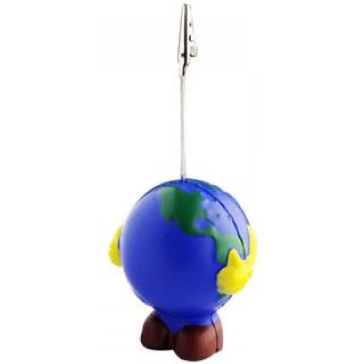 A blue and green globe-shaped card holder with yellow hands and brown feet, attached to a metal clip.