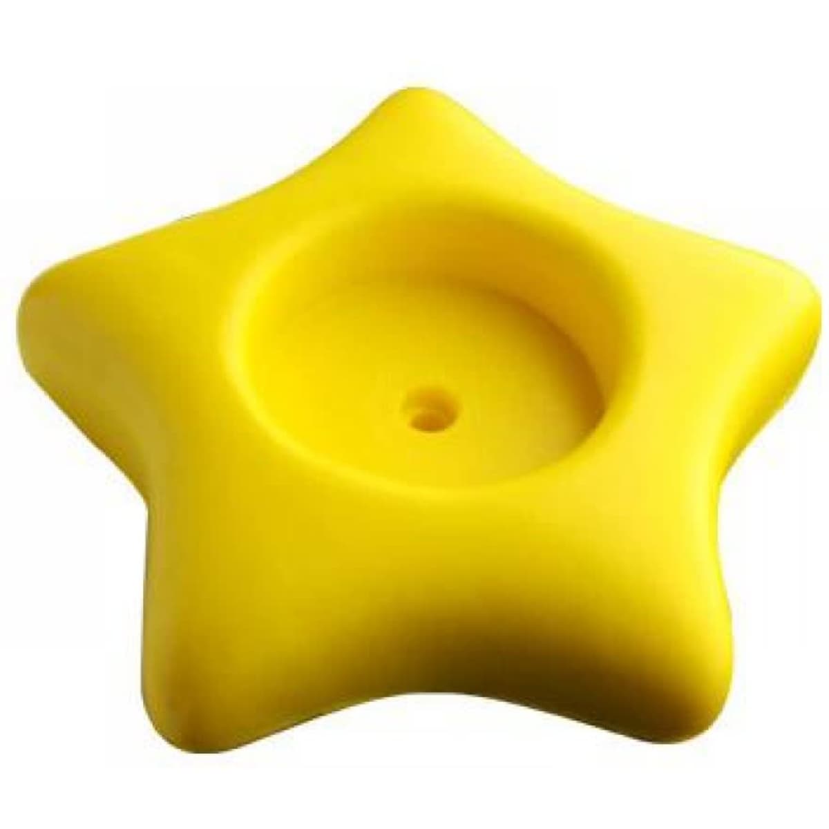 A star-shaped paper clip holder in bright yellow, featuring a circular indentation at the centre and a smooth surface.