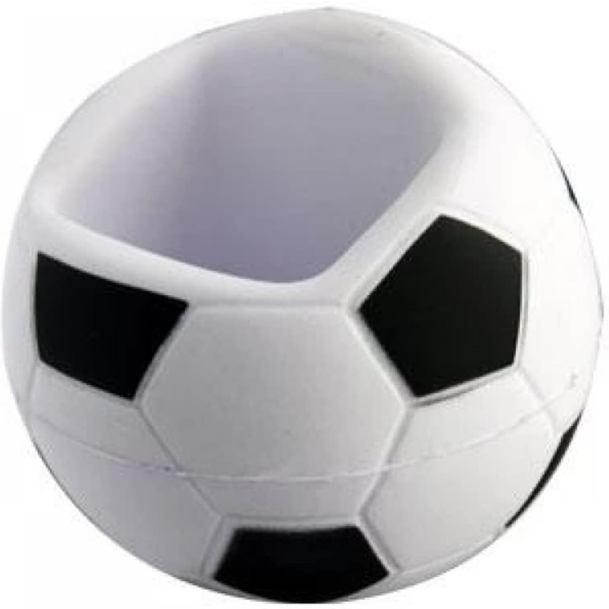 A soccer-themed mobile phone holder in black and white, shaped like a football with a hollow interior.