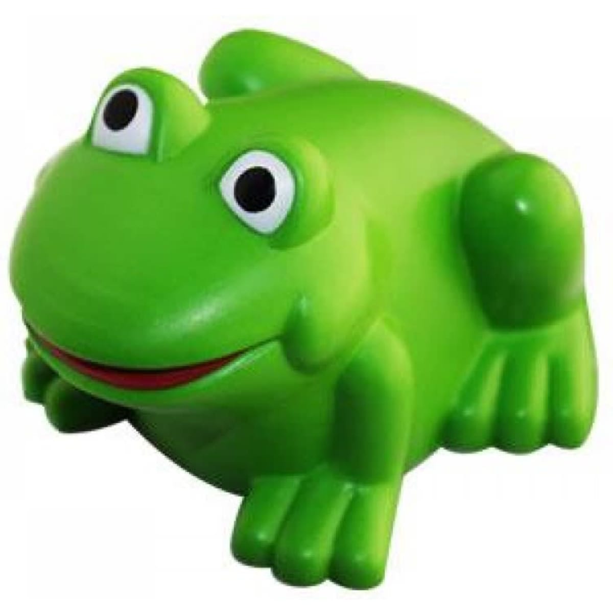 A green stress relief frog with a smiling face and large eyes, featuring a glossy finish.