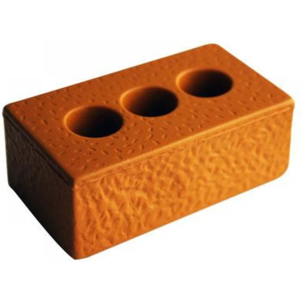 A stress brick in orange with a textured surface and three circular indentations on top.