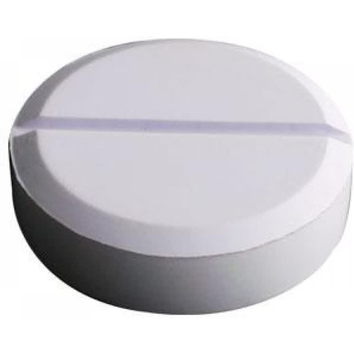 A white, round tablet with a split line across the middle, featuring a smooth surface.