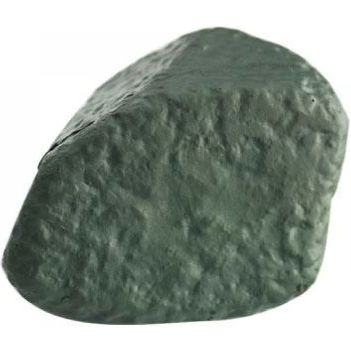 A green stress relief rock with a textured surface, featuring a subtle logo.