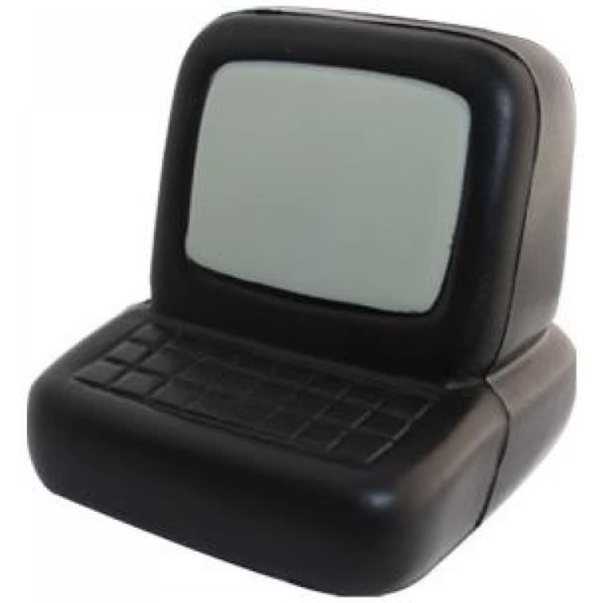 A black stress relief computer shaped product with a screen and keyboard design. It has a simple, compact form.