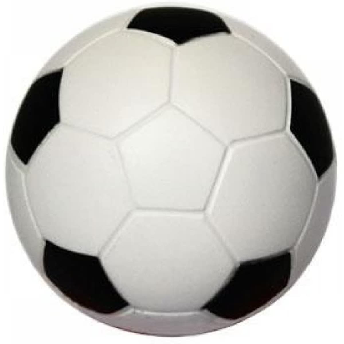 A stress soccer ball designed in classic black and white with a logo.