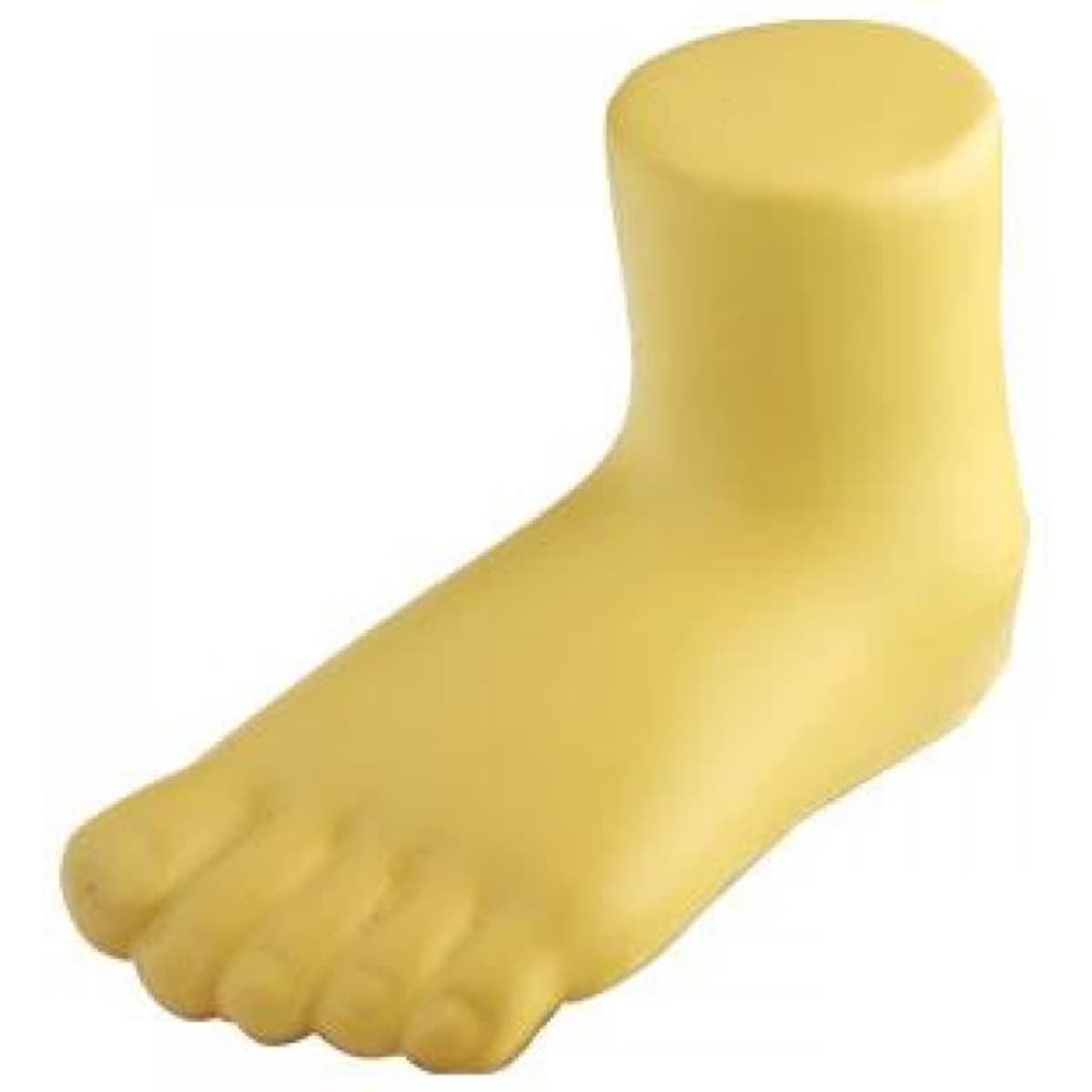 A yellow stress foot shaped rubber item with a rounded top and detailed toes, featuring a logo.
