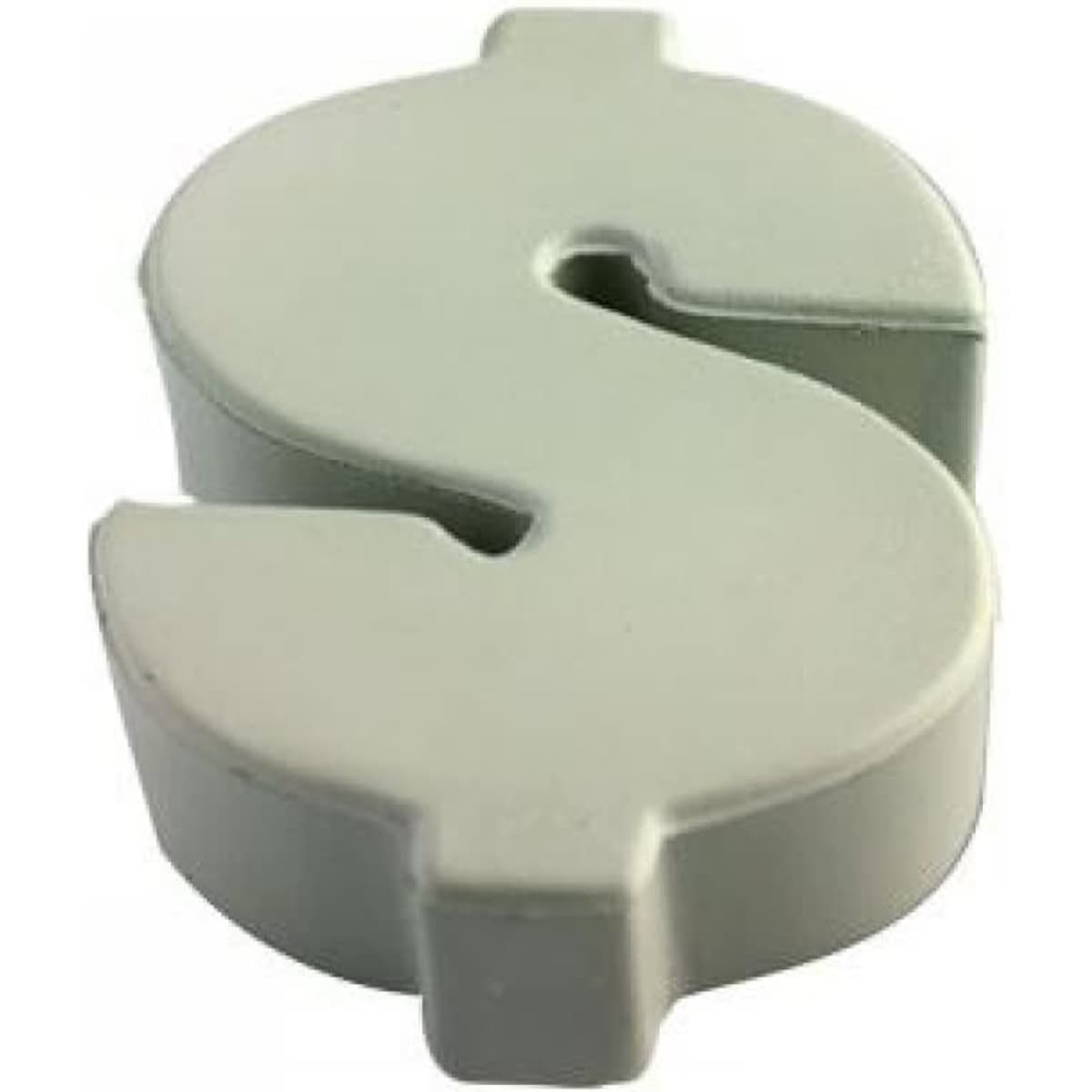 A grey stress toy shaped like a dollar sign, featuring a simple design with a smooth surface and a small hole.