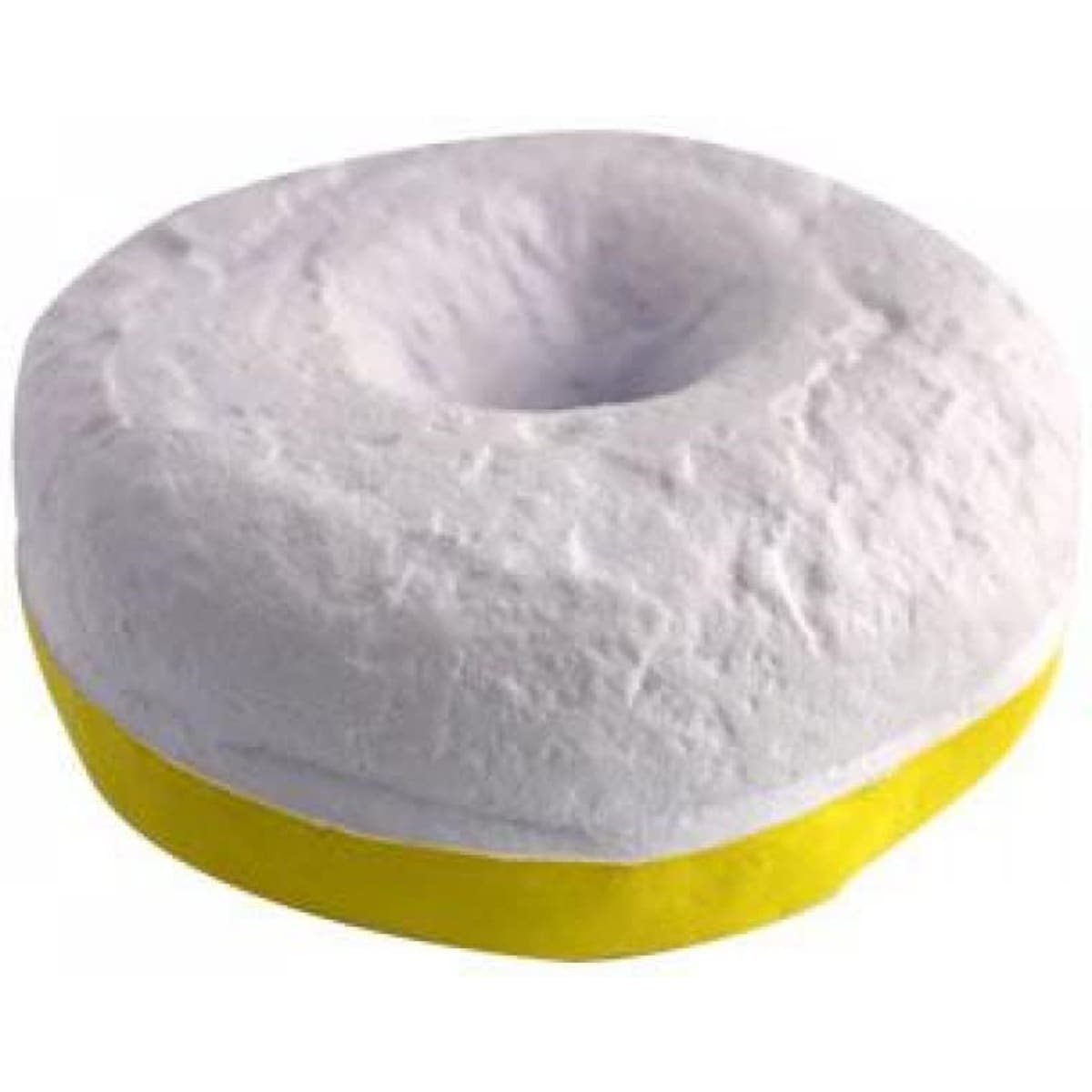 A stress donut in yellow and white, shaped like a traditional donut with a hole in the centre. It has a smooth texture.