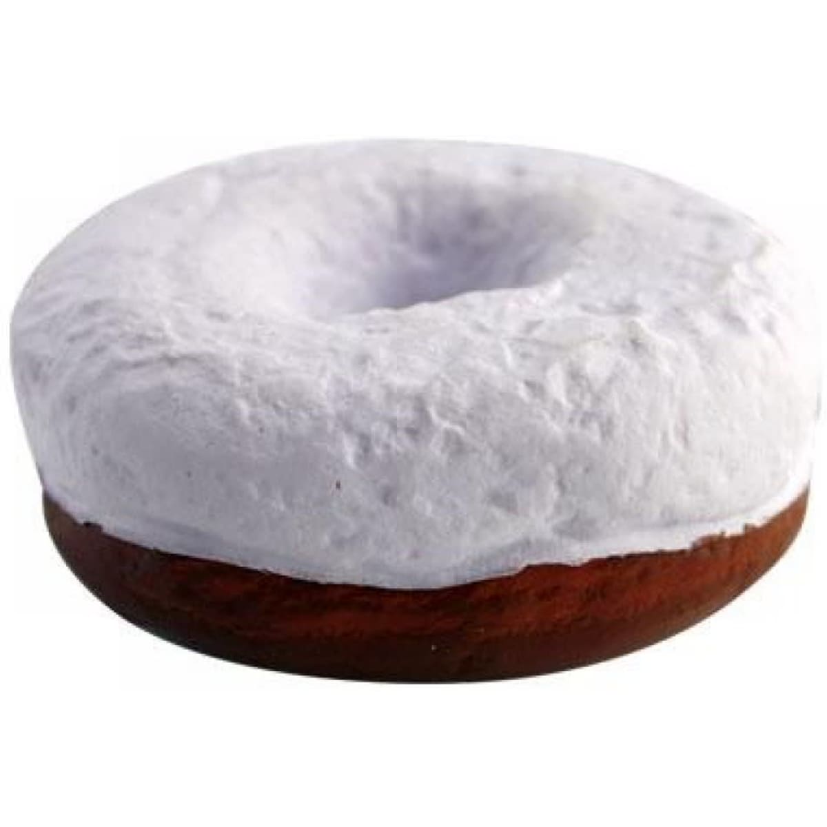 A brown and white stress donut, featuring a textured surface and a circular shape with a hole in the centre.
