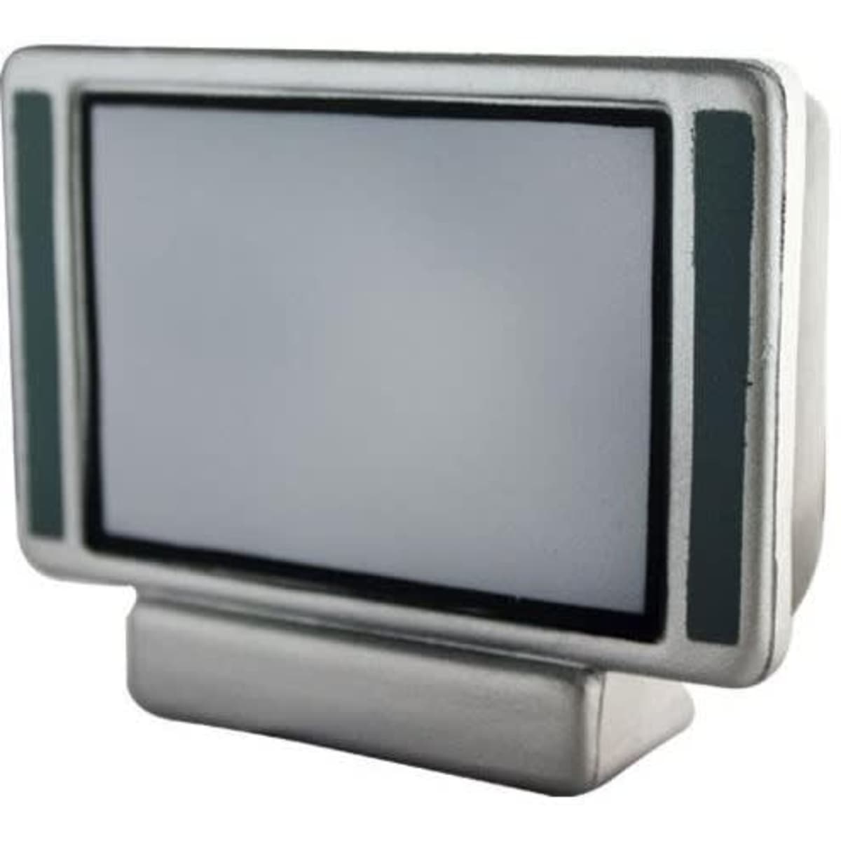 A miniature decorative television in grey and black, featuring a blank screen and a simple stand.