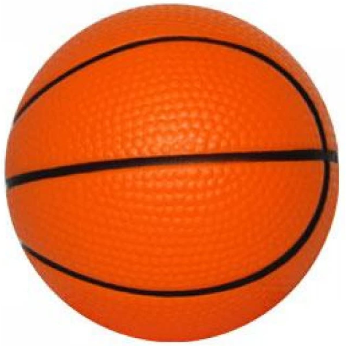 An orange stress ball shaped like a basketball, featuring a textured surface and black lines.