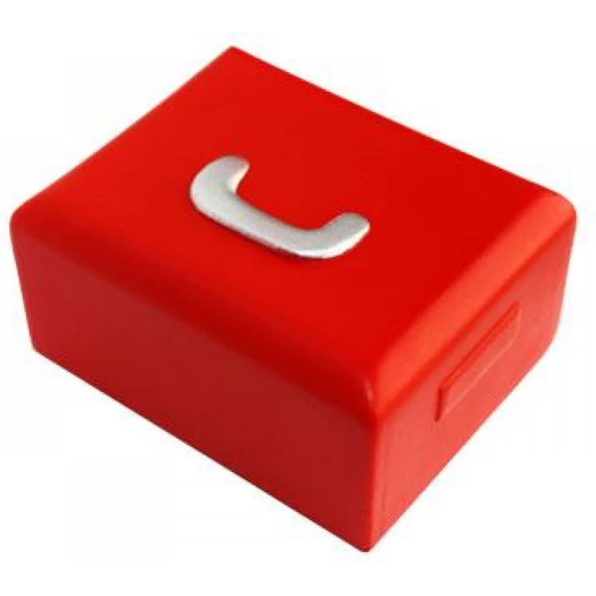 A red stress tool box with a silver handle. The box has a smooth finish and is compact in shape.