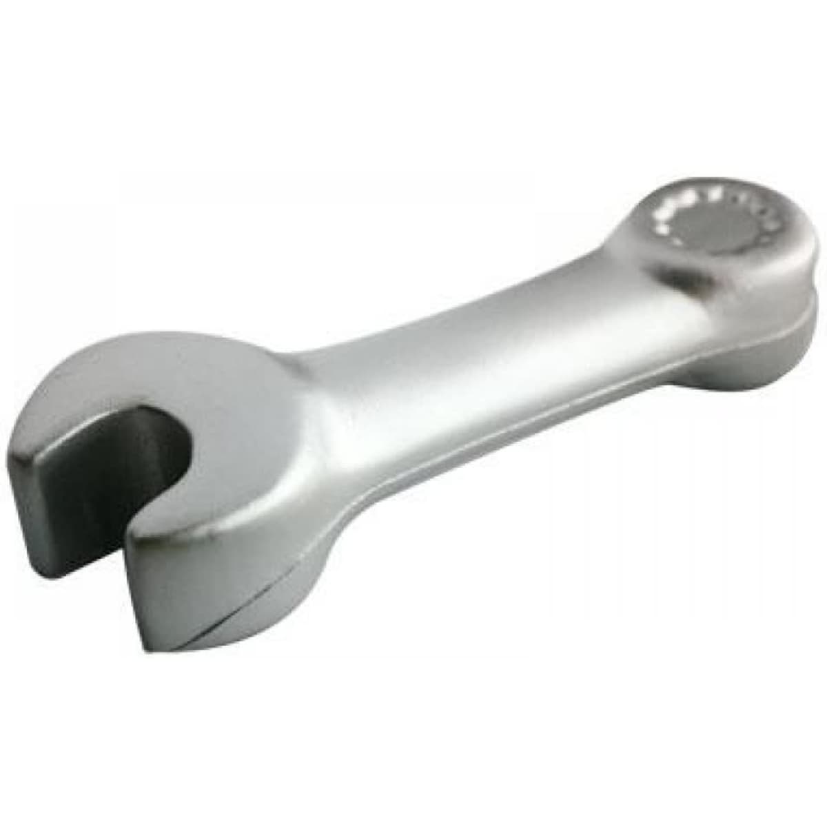 A silver spanner with a curved end and flat jaw, featuring a logo on one side.