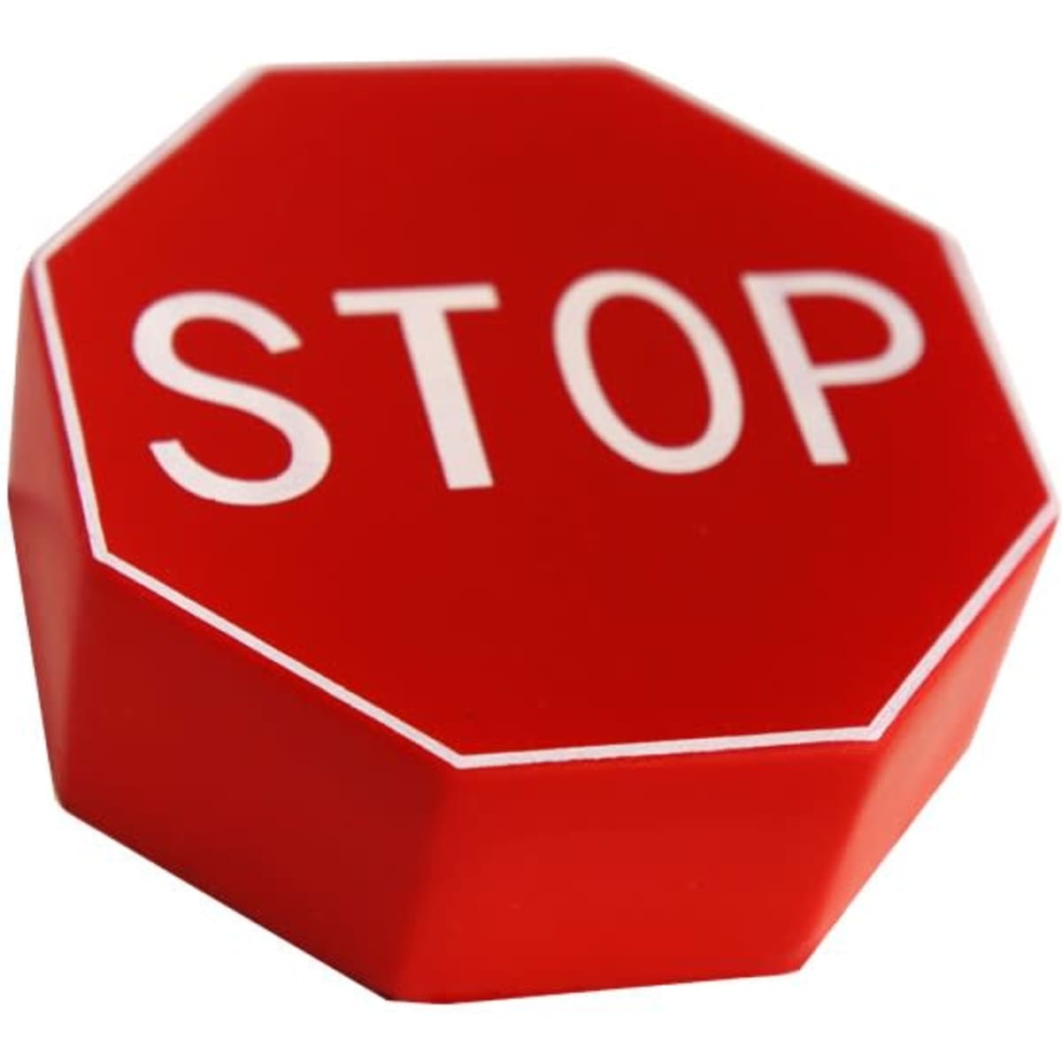 A red octagonal stress reliever in the shape of a stop sign, featuring white text. The item has a smooth finish.