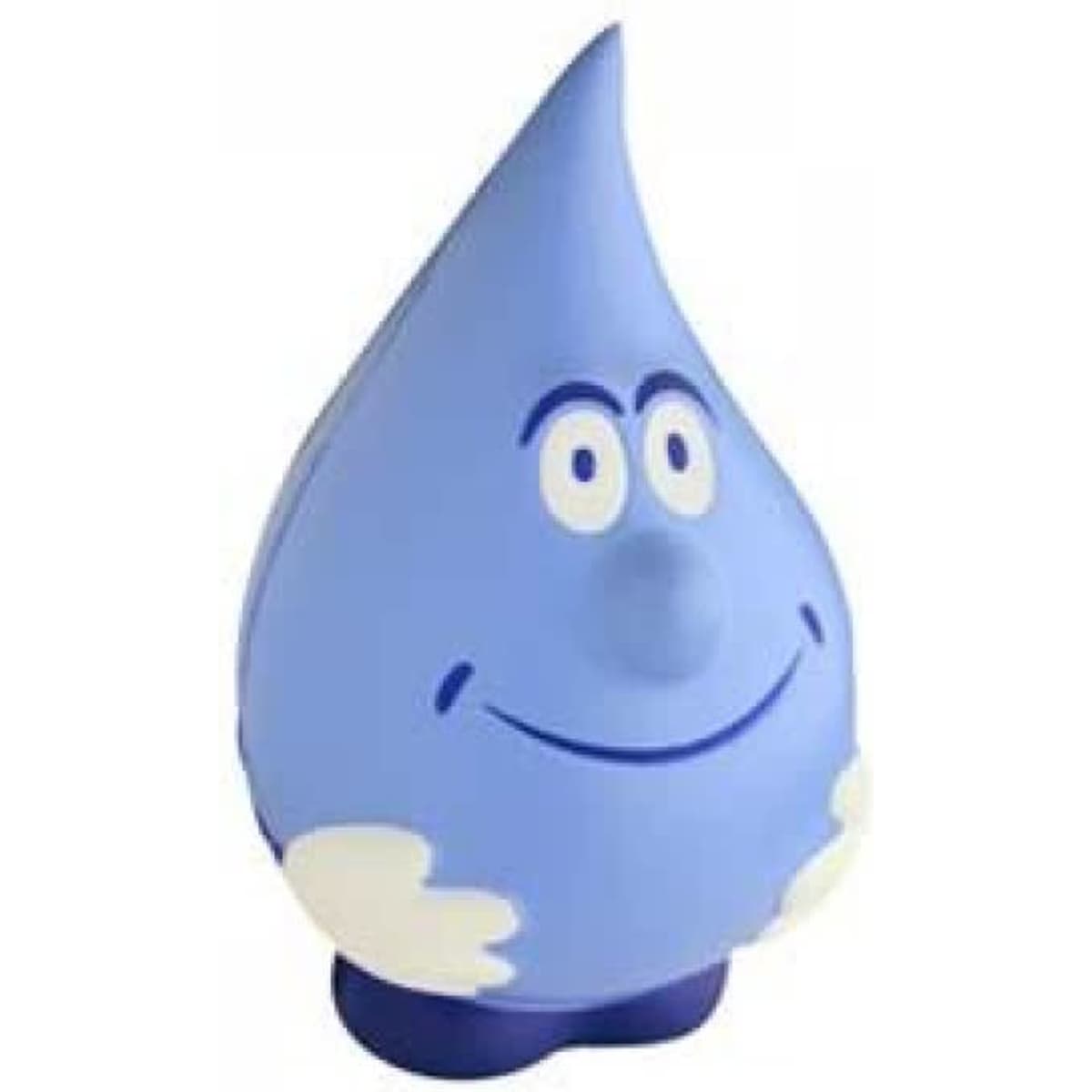 A blue stress relief water drop figure with a smiling face, featuring a logo on the base.
