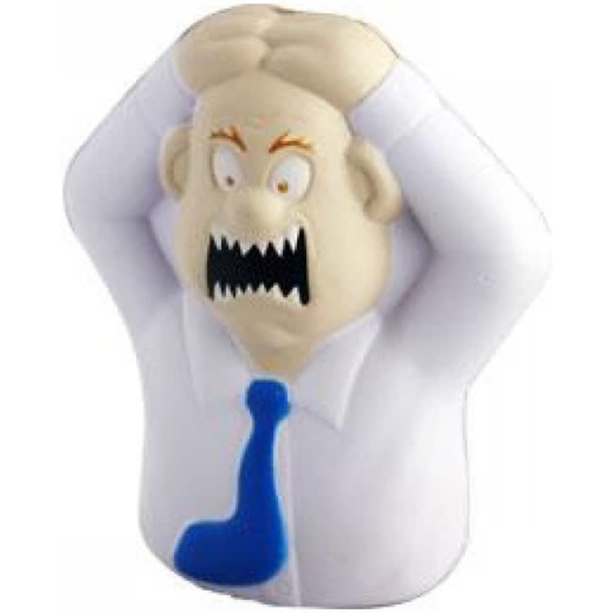 A stress relief toy shaped like a frustrated man in a white shirt and blue tie, with an exaggerated expression.