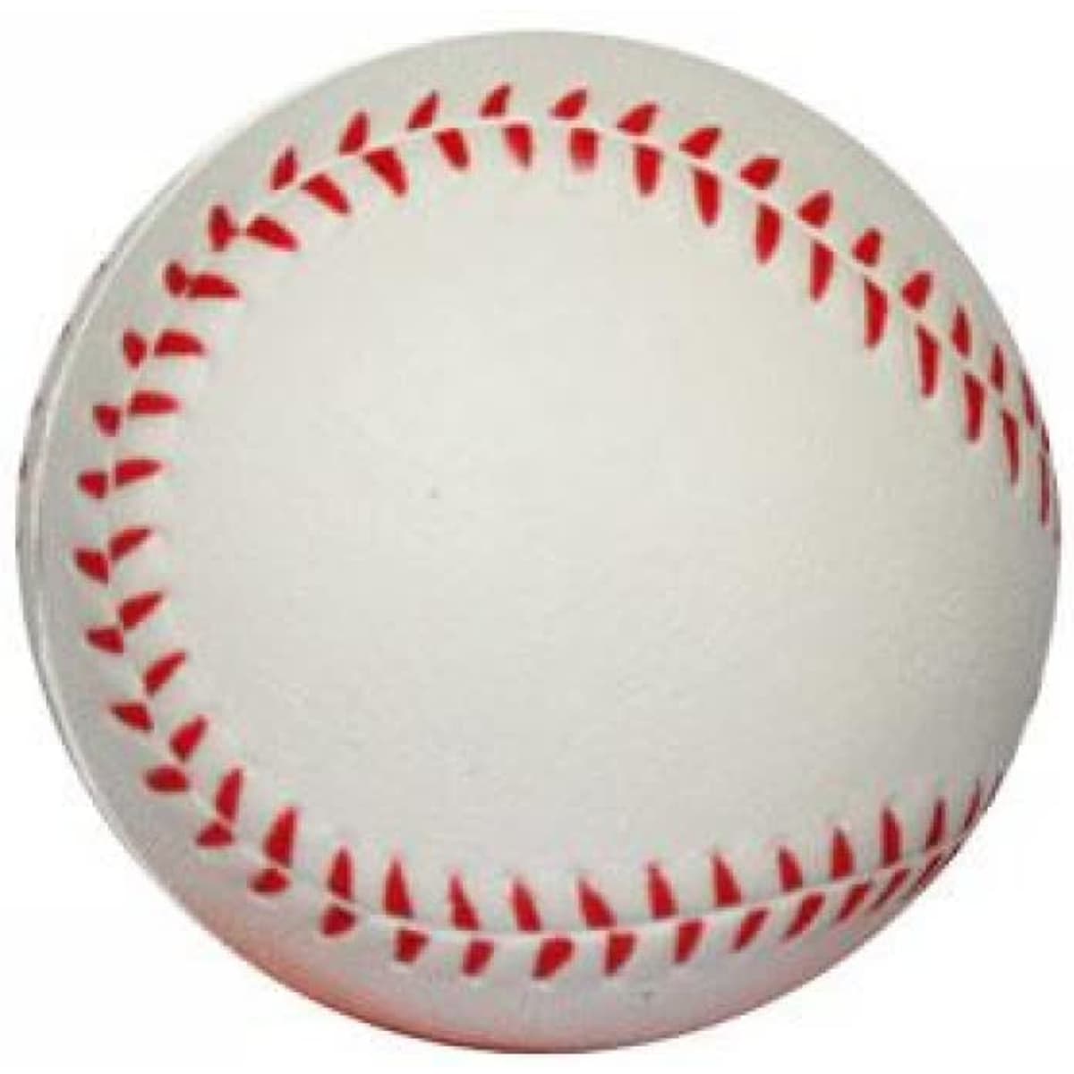 A white stress ball resembling a baseball with red stitching. It features a simple design and a smooth surface.