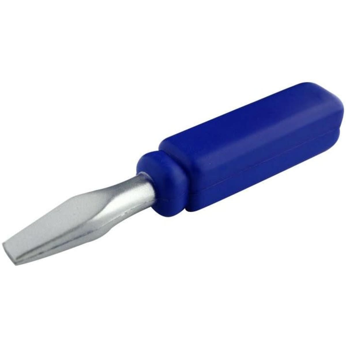 A blue stress screwdriver featuring a silver metal tip and a textured grip. It has a branding logo.