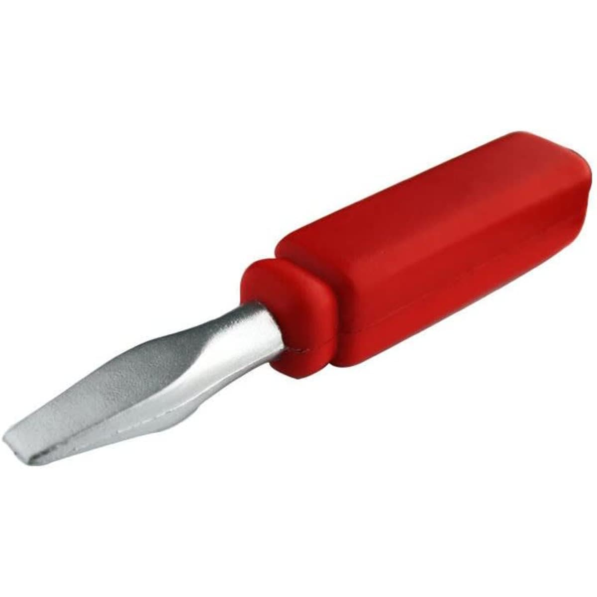 A stress toy in the shape of a screwdriver, featuring a metallic tip and a red rubber grip. It includes a branding logo.