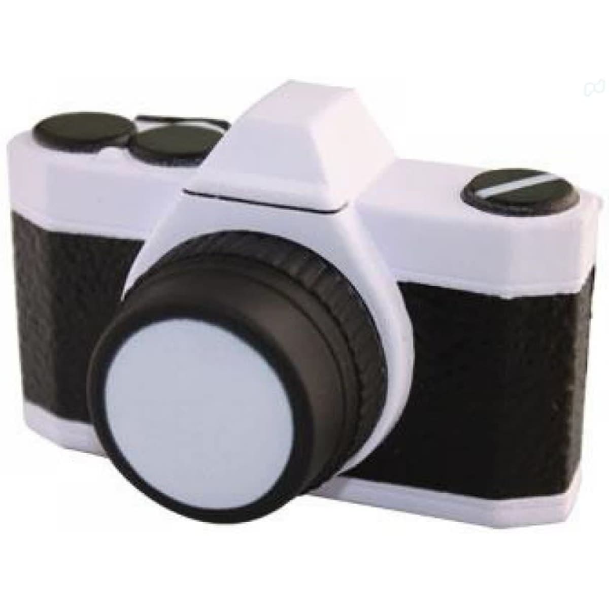 A stress relief camera toy in black and white, featuring buttons and a textured surface. It has a logo on one side.
