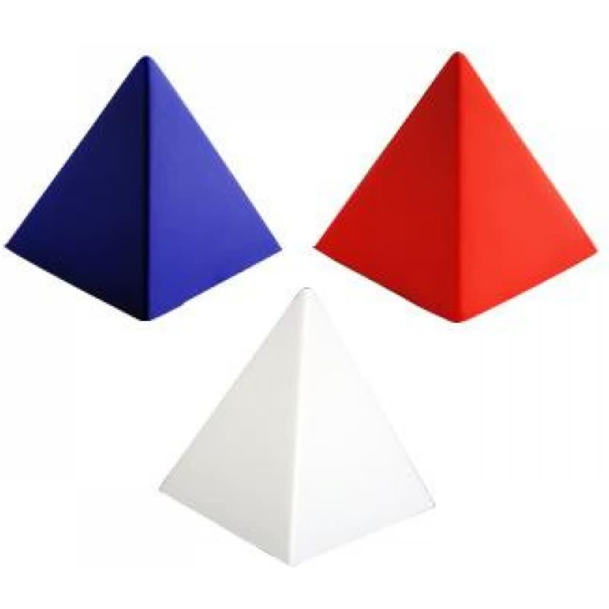 Three stress pyramids in blue, red, and white, arranged together, featuring a smooth finish and a logo.