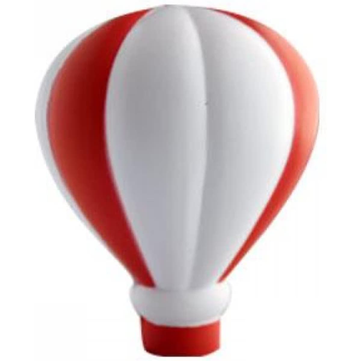 A stress toy shaped like a hot air balloon, featuring red and white stripes with a smooth finish.