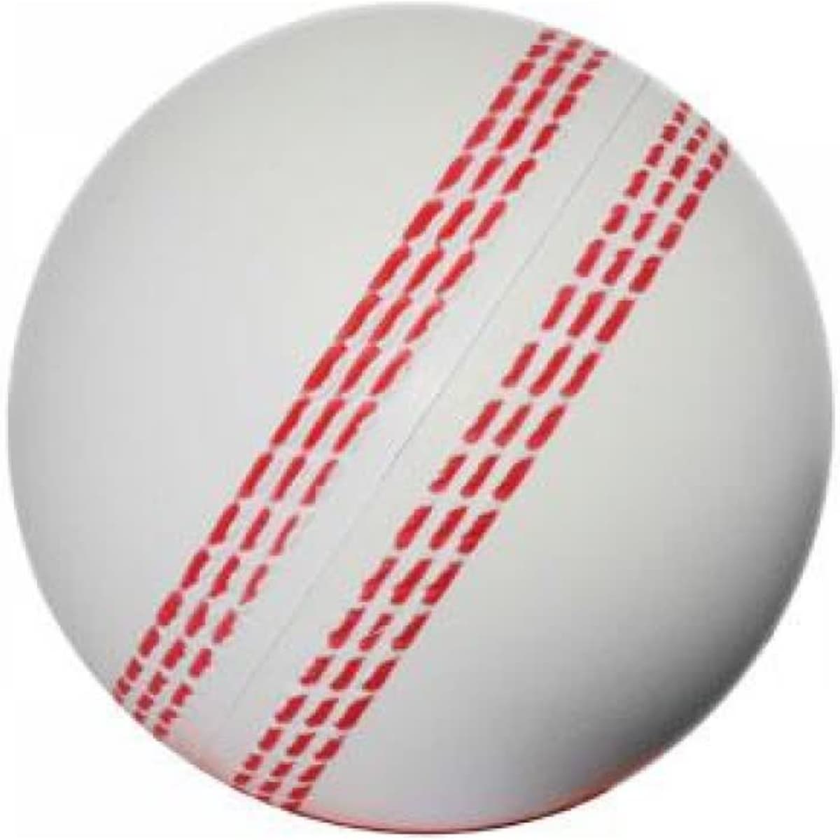 A white stress cricket ball with red stitching details and a textured surface. It features a logo.