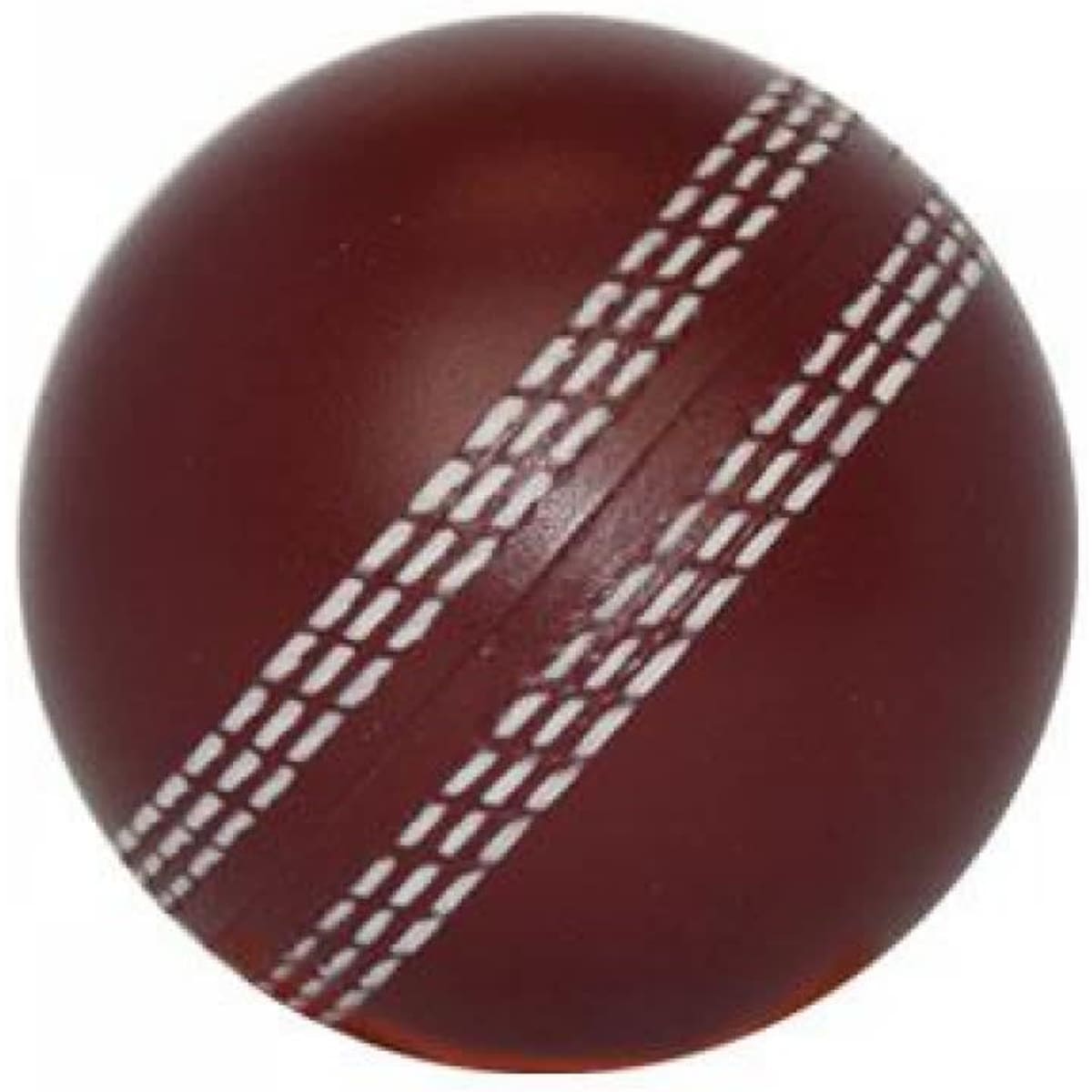 A burgundy stress cricket ball featuring white seam details, designed to resemble a traditional cricket ball.