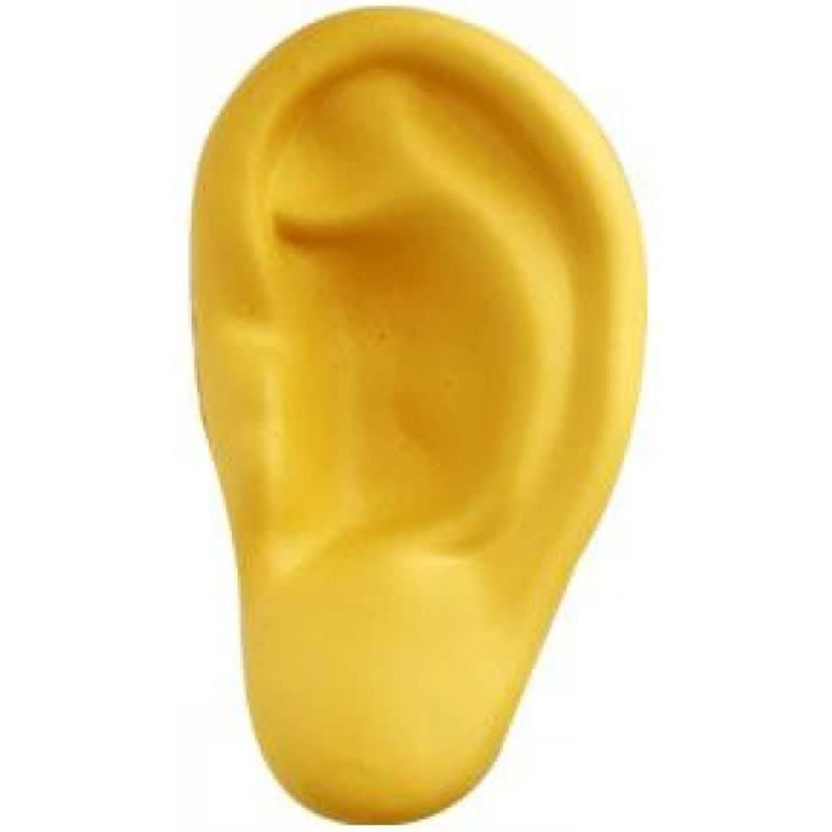 A yellow stress relief product shaped like a human ear, featuring a smooth texture and curved design.