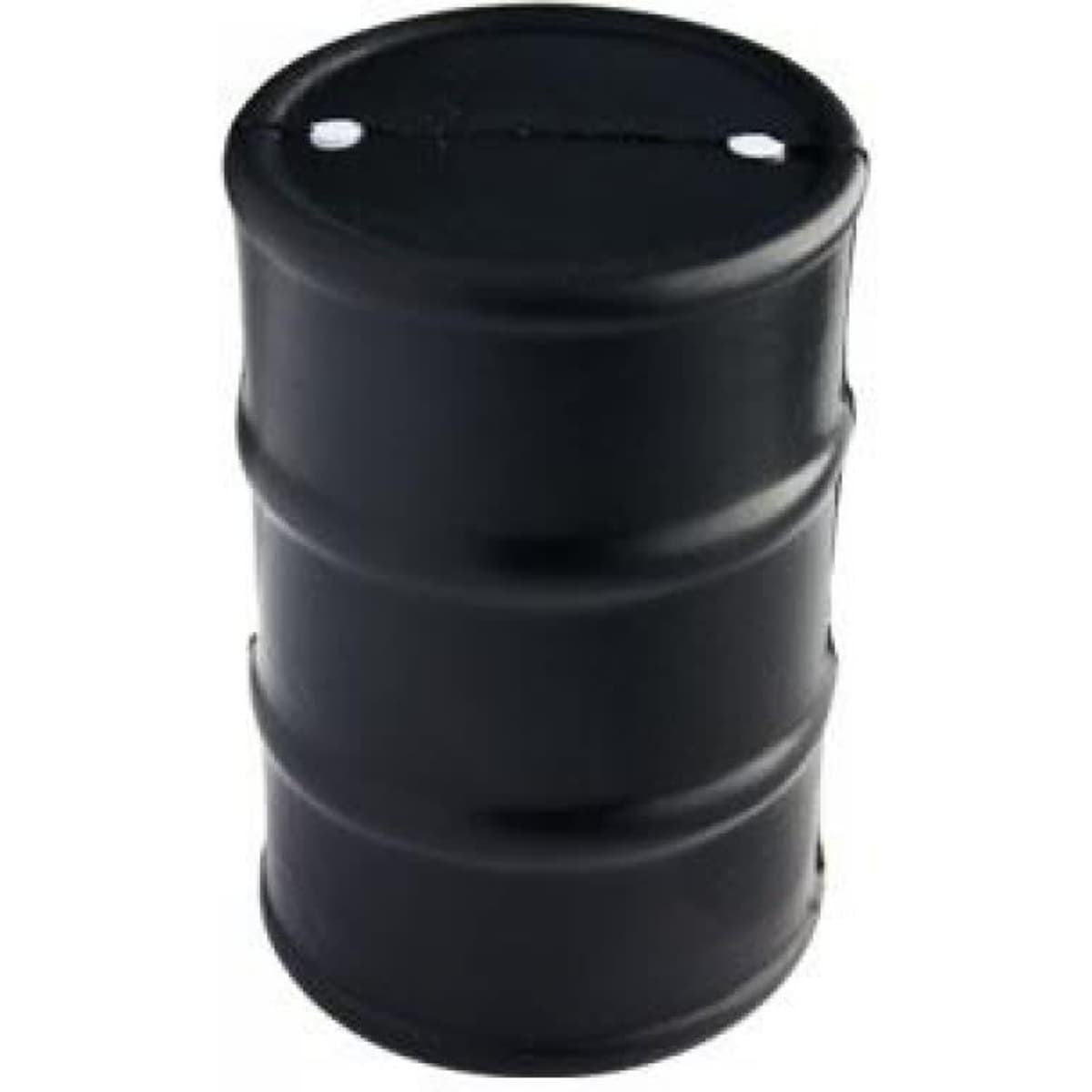 A black stress ball shaped like an oil drum, featuring a smooth surface and rounded edges. It has a logo on the front.