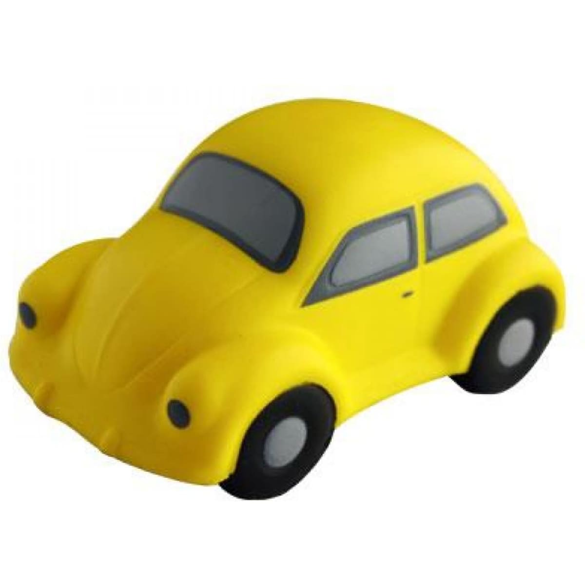A yellow stress toy shaped like a classic car, featuring windows and black wheels. It has a logo on its surface.