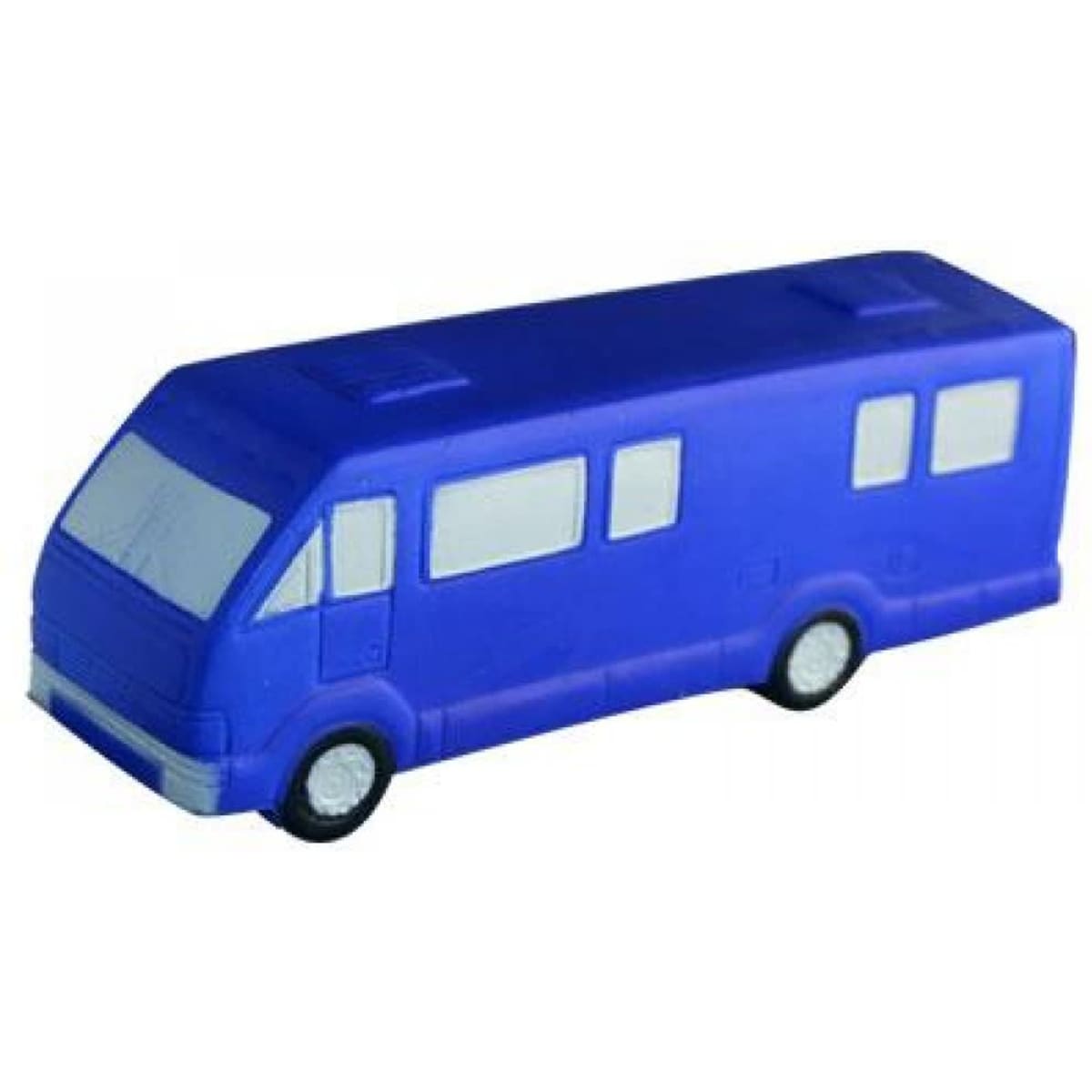 A blue stress mini bus toy with a simple design and white windows, featuring small wheels.