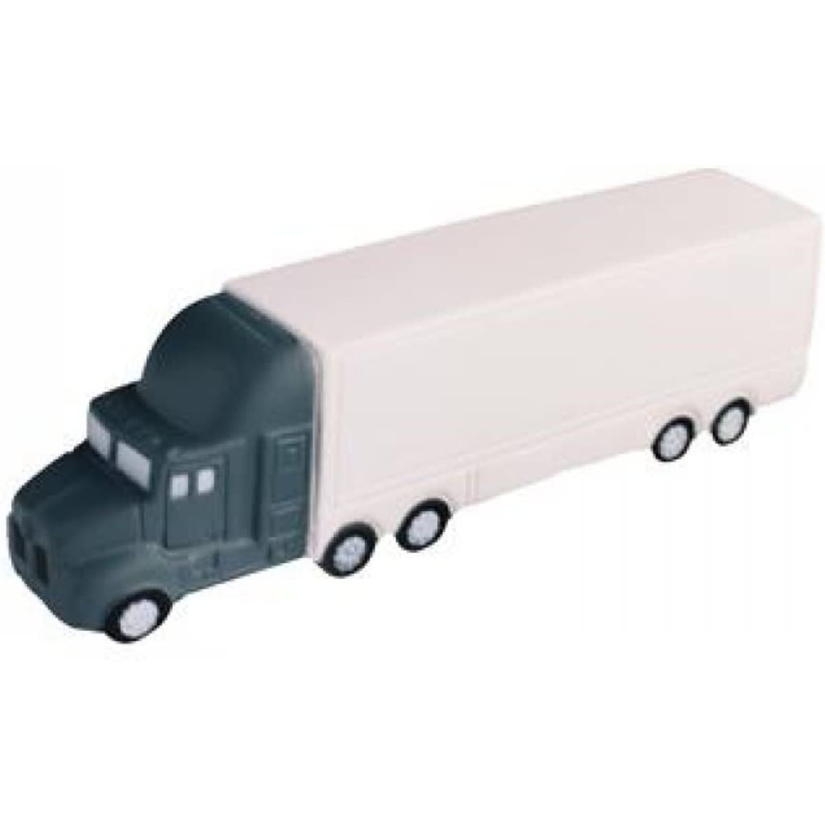 A stress toy shaped like a large truck, featuring a grey cab and a white trailer. It has wheels and a logo.
