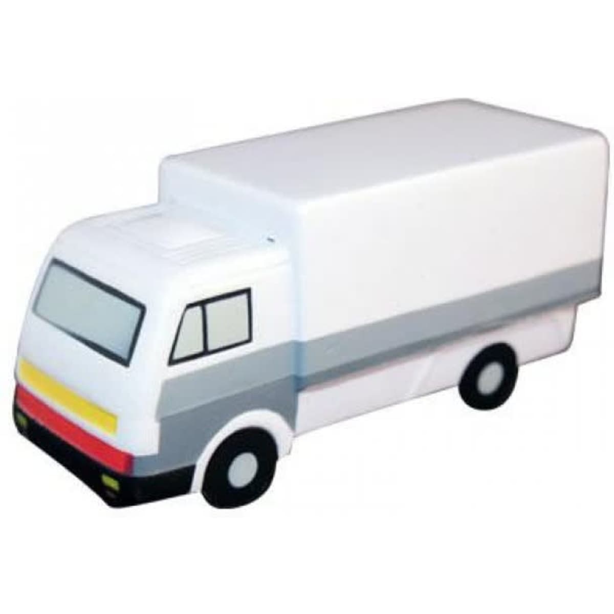 A stress toy in the shape of a white truck with grey and yellow details, featuring a simple, cartoonish design.