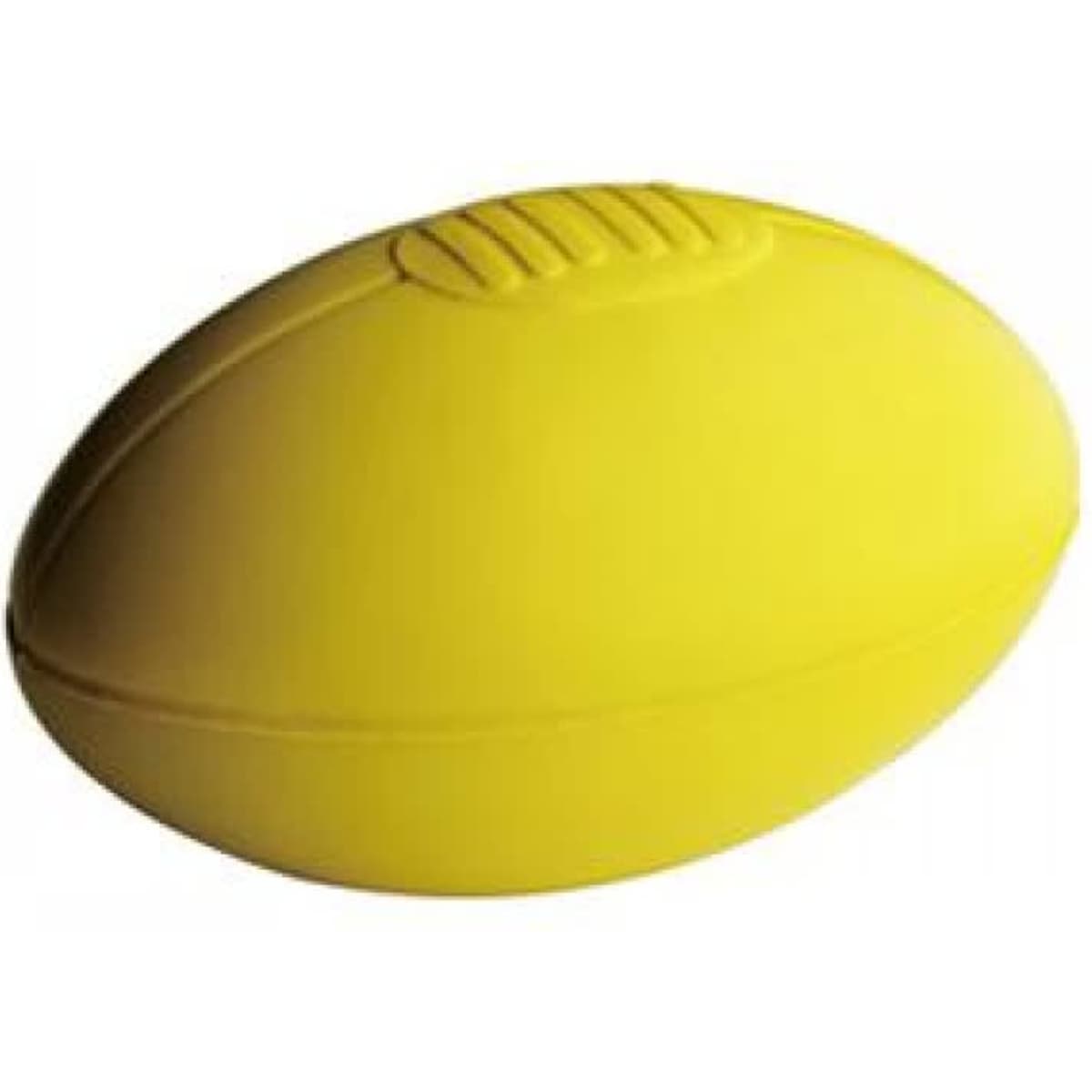 A large yellow rubber footy with a textured grip on top and a smooth surface.