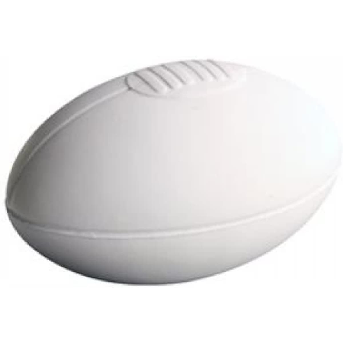 A large white rugby ball with textured grip and smooth surface, featuring a logo.
