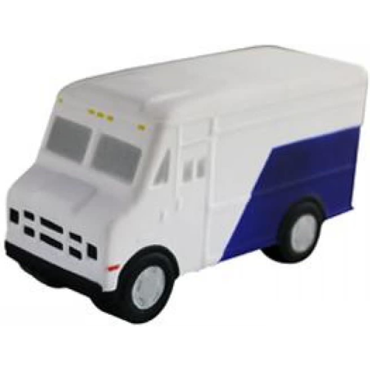 A stress toy in the shape of a commercial van, featuring a white body with blue accents and simple wheels.