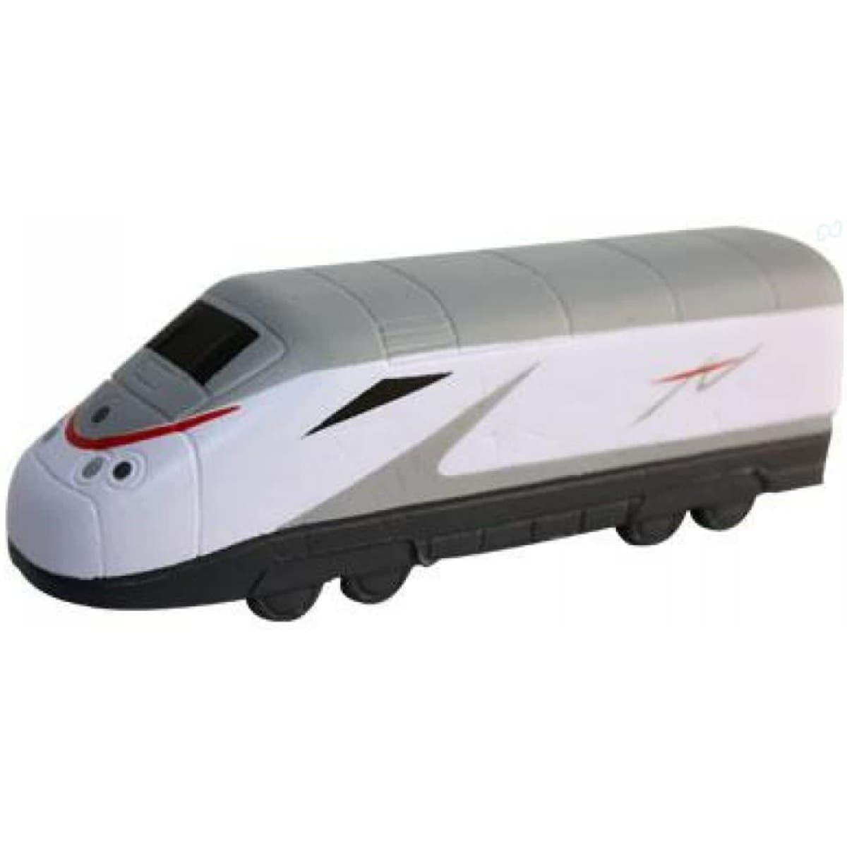 A stress toy shaped like a train, featuring grey and white colours with cartoonish facial details and wheels.