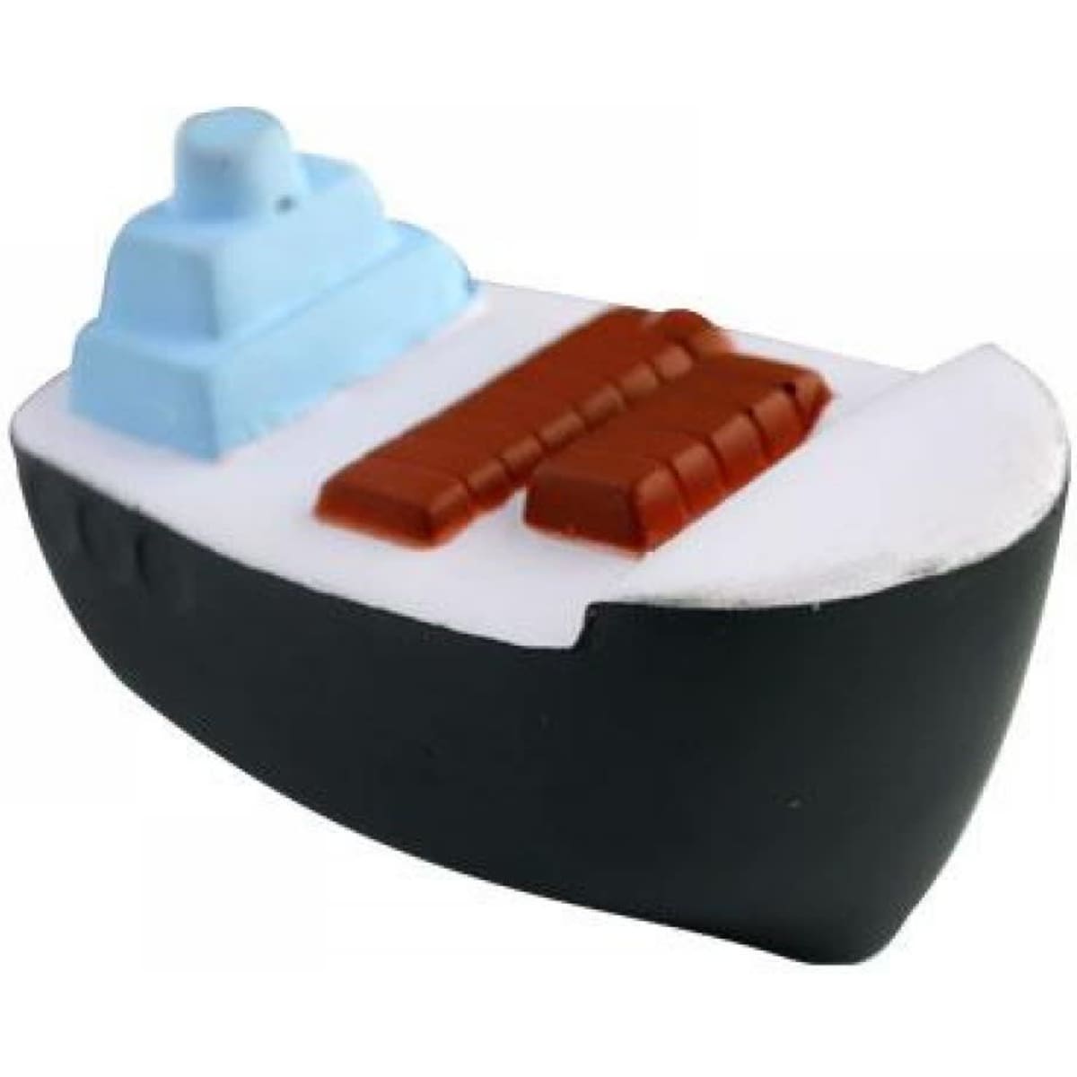 A stress toy shaped like a cargo ship, featuring a black hull, blue upper deck, and brown cargo sections.