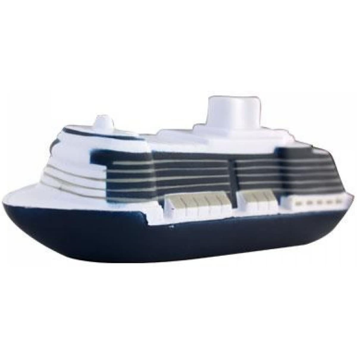 A stress toy shaped like a cruise ship, featuring a white top and dark blue hull with black details.