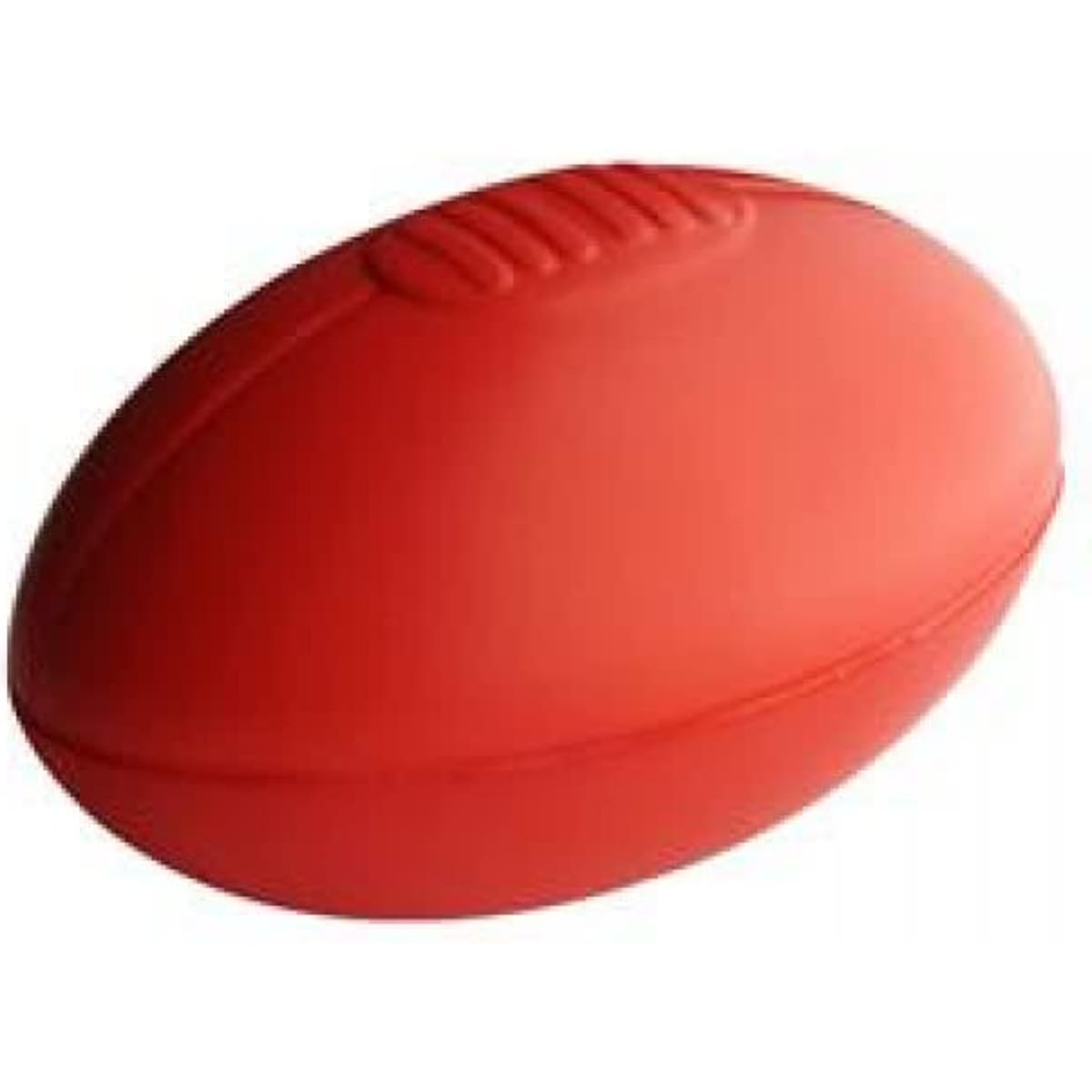 A large red football with a textured surface and a seam detail. The item has a logo on it.